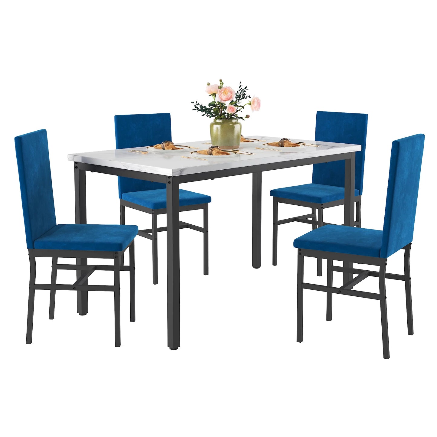 5 Piece Dining Table Set, Modern Faux Marble Tabletop and 4 PU Leather Upholstered Chairs, Rectangle Kitchen Table and Chairs for 4 Persons, Small Dining Set for Bar Dining Room Breakfast Nook