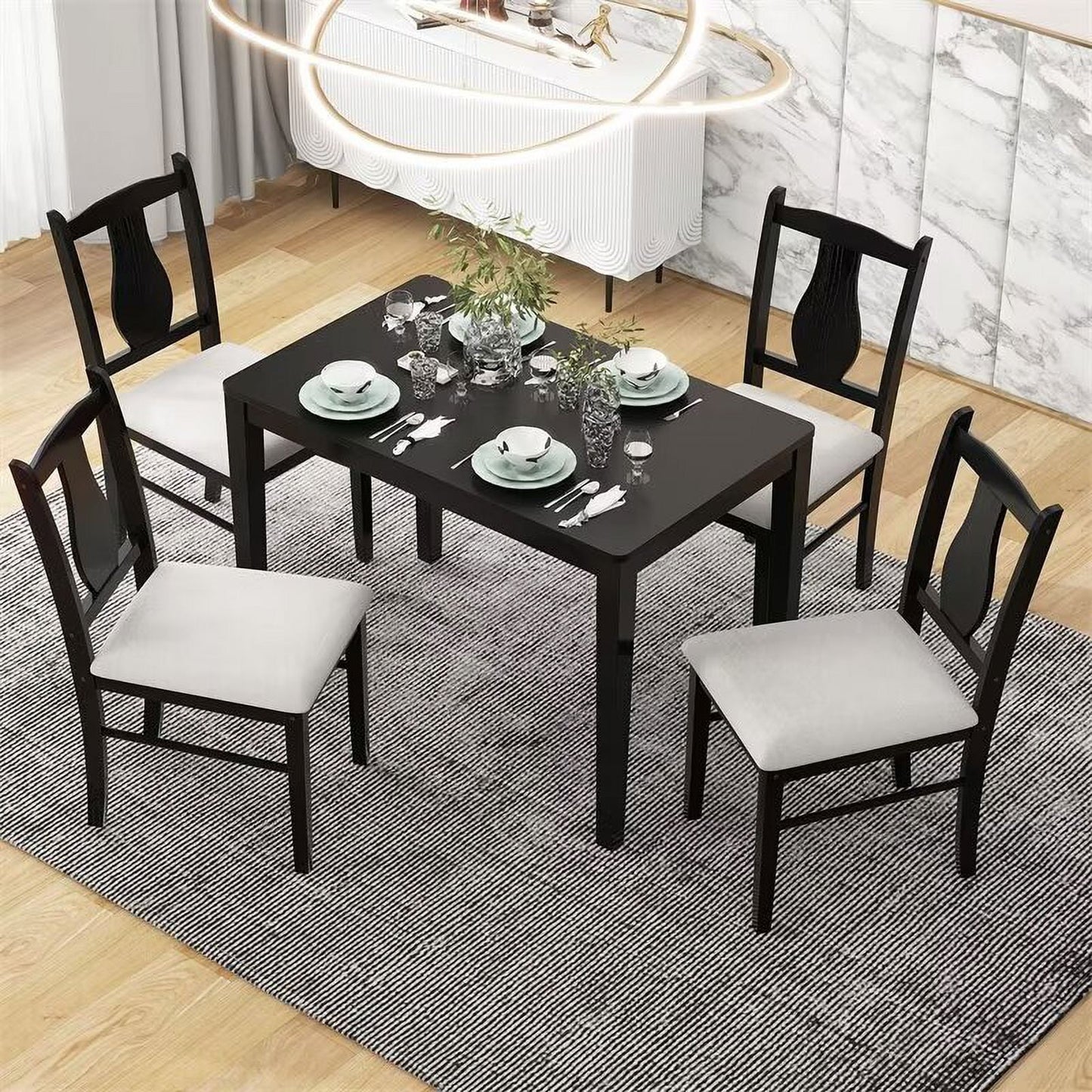 5-Piece Dining Table Set, Wooden Rectangular Dining Table and 4 Upholstered Chairs Farmhouse Dining Set for Kitchen and Dining Room, Natural