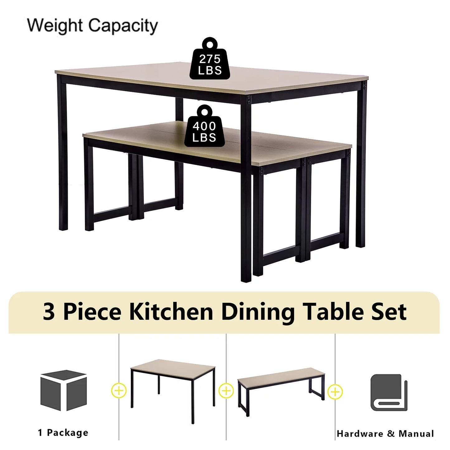 3 Piece Dining Table Set, Modern Wood Table Top Dining Table Set with Bench and Metal Frame, Breakfast Nook Dining Room Set, Dining Set for 4, Kitchen Living Dining Room Furniture, Black