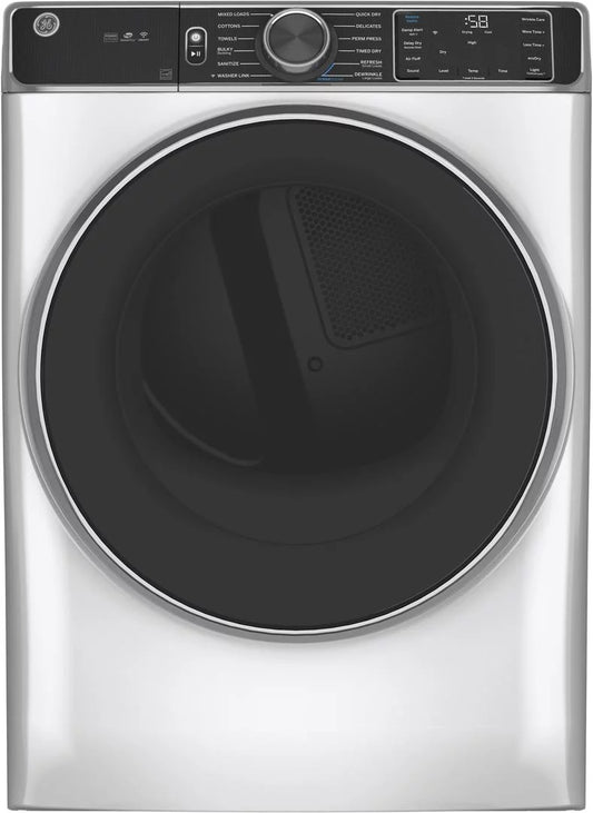 "GE GFD85ESSNWW 28"" Front Load Electric Dryer with 7.8 cu. ft. Capacity Stainless Steel Drum Built-in WiFi Sanitize Cycle and Damp Alert in White"