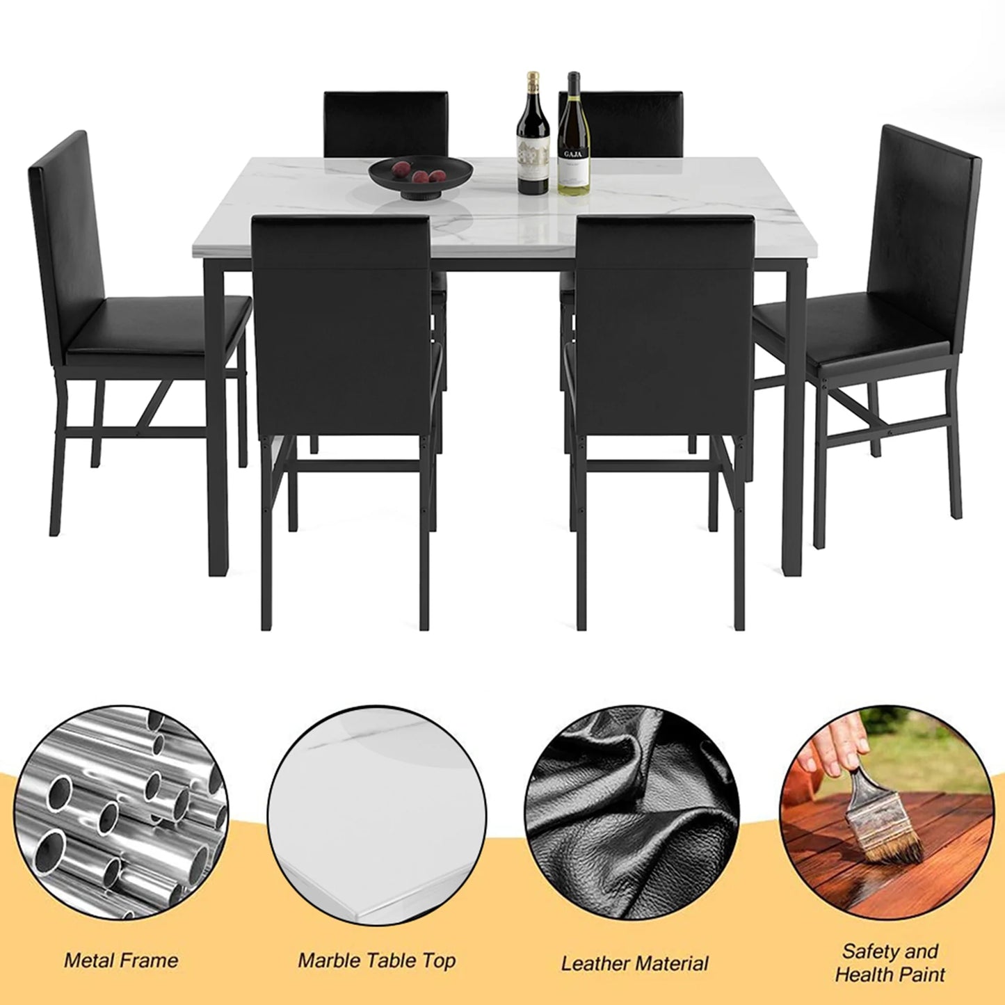 7 Piece Kitchen Dining Table & Chair Set, Dining Room Table Set with Faux Marble Tabletop PU Leather Padded Chairs, Rectangle Dining Table Set for 6, Dinette Set for Kitchen Dining Room Small Space