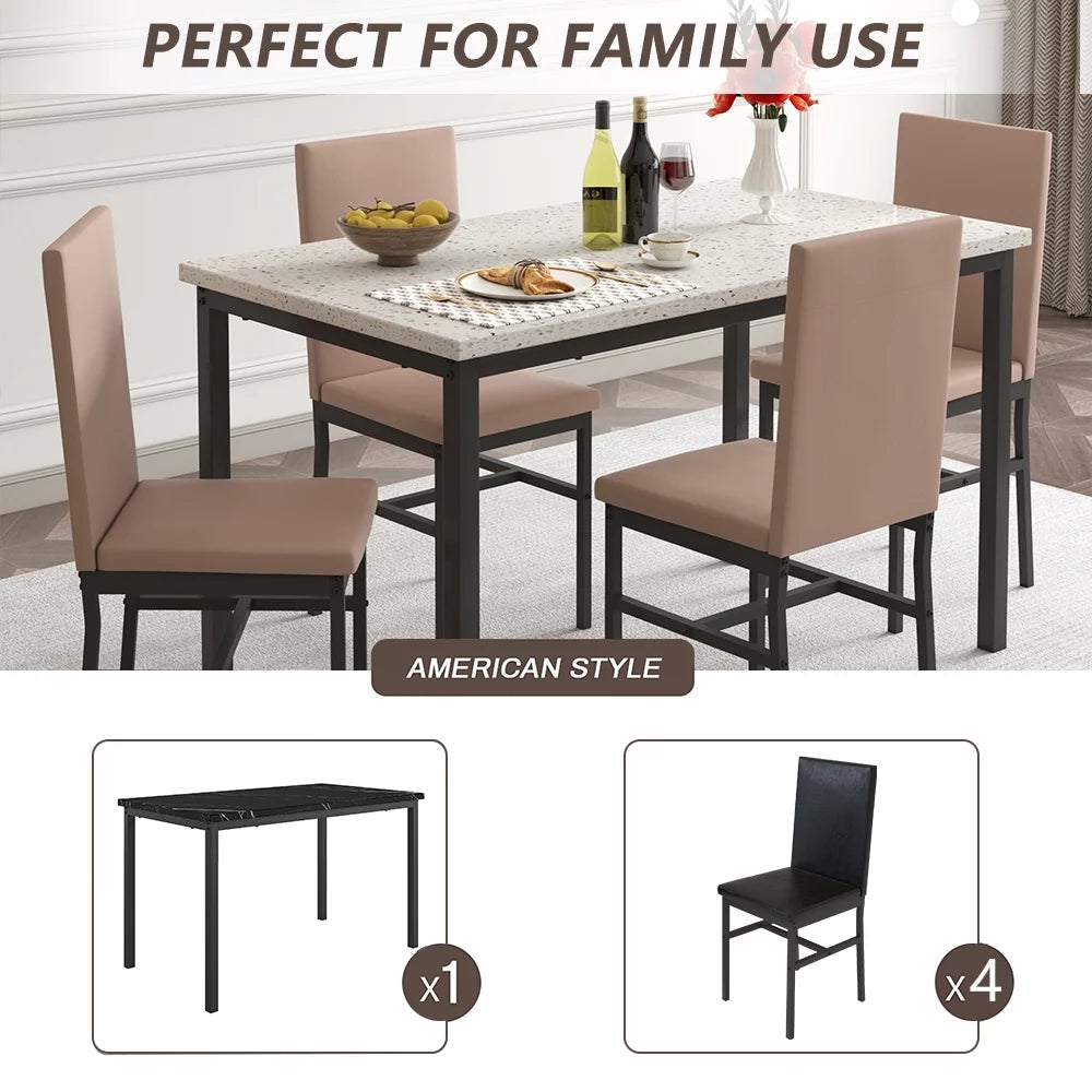 5 Piece Dining Table Set, Modern Faux Marble Tabletop and 4 PU Leather Upholstered Chairs, Rectangle Kitchen Table and Chairs for 4 Persons, Small Dining Set for Bar Dining Room Breakfast Nook