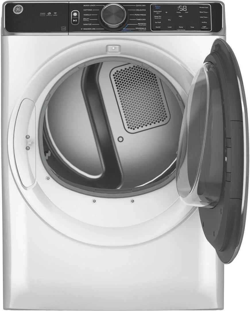 "GE GFD85ESSNWW 28"" Front Load Electric Dryer with 7.8 cu. ft. Capacity Stainless Steel Drum Built-in WiFi Sanitize Cycle and Damp Alert in White"