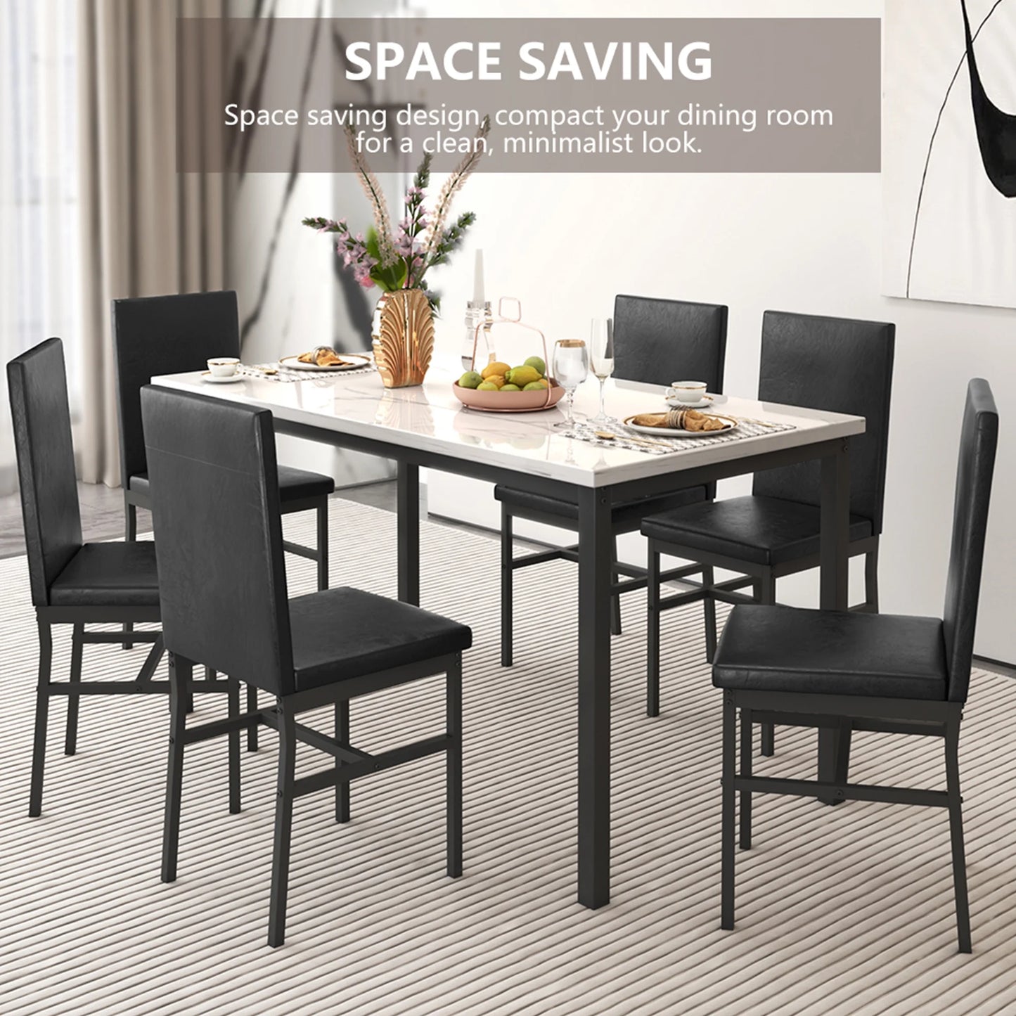 7 Piece Kitchen Dining Table & Chair Set, Dining Room Table Set with Faux Marble Tabletop PU Leather Padded Chairs, Rectangle Dining Table Set for 6, Dinette Set for Kitchen Dining Room Small Space