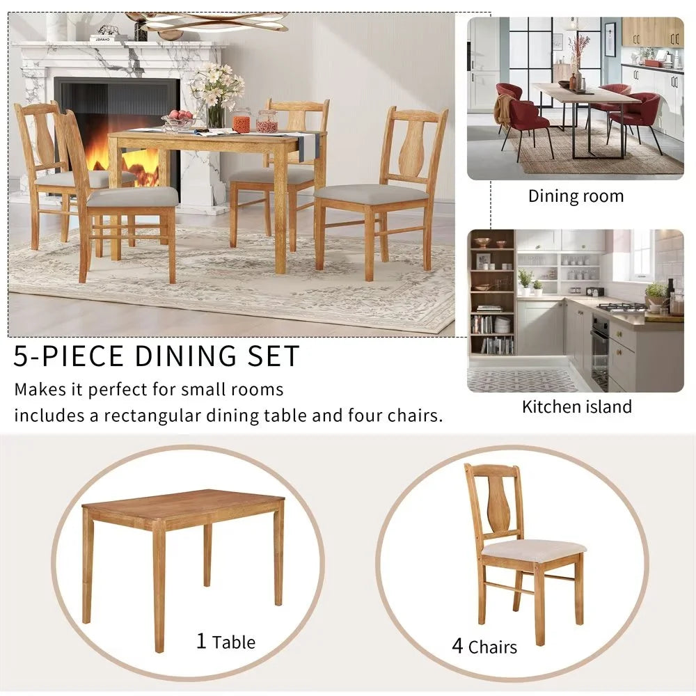 5-Piece Dining Table Set, Wooden Rectangular Dining Table and 4 Upholstered Chairs Farmhouse Dining Set for Kitchen and Dining Room, Natural