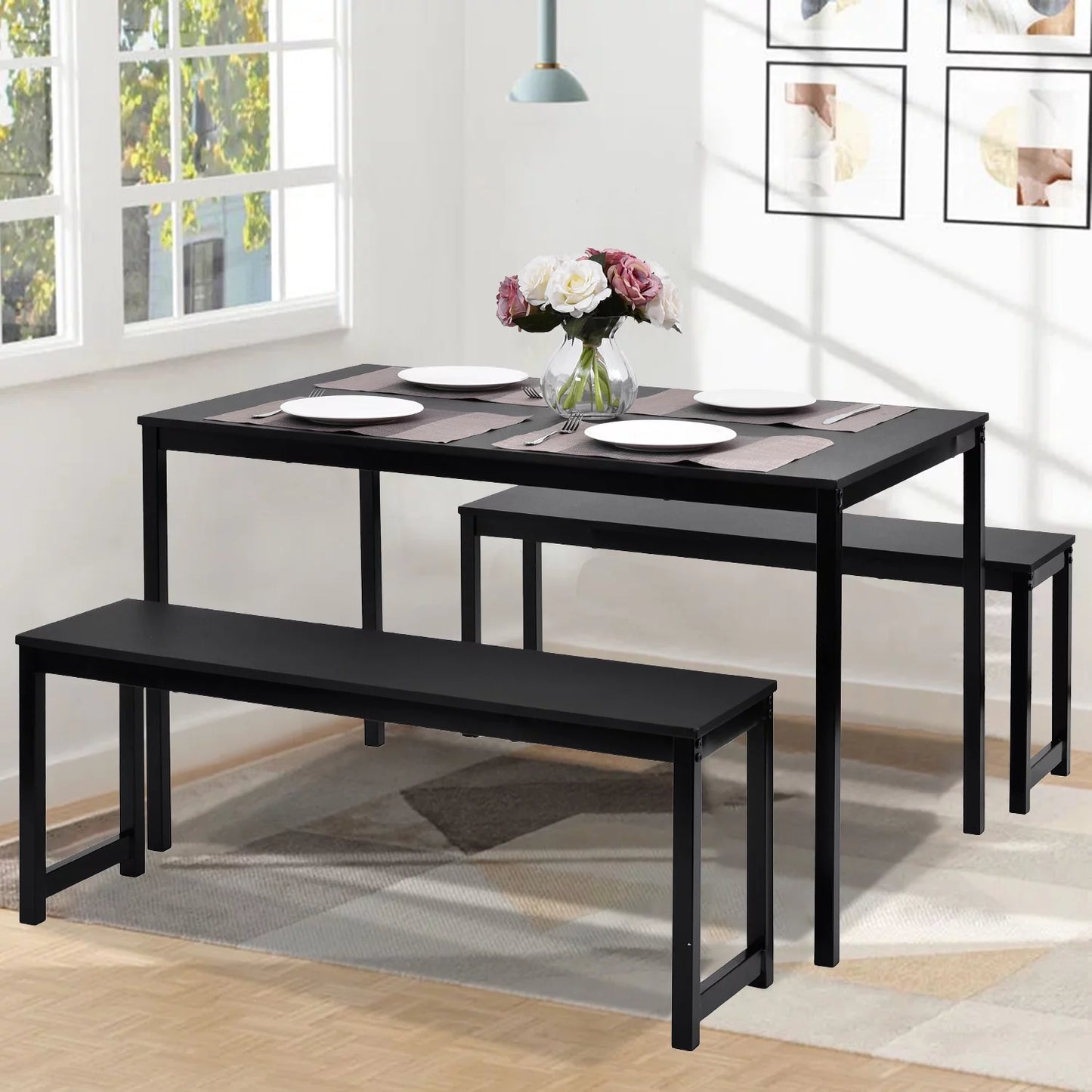 3 Piece Dining Table Set, Modern Wood Table Top Dining Table Set with Bench and Metal Frame, Breakfast Nook Dining Room Set, Dining Set for 4, Kitchen Living Dining Room Furniture, Black