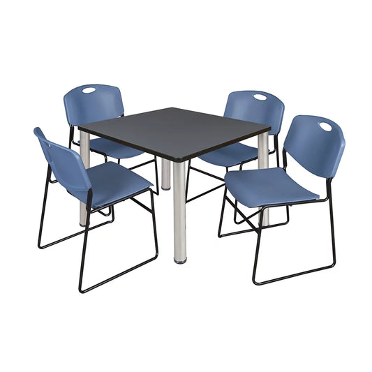 Belen Kox Kee 36" Square Breakroom Table- Grey/ Chrome & 4 Zeng Stack Chairs- Blue