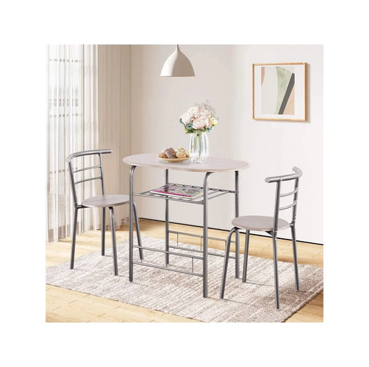 3 Piece Dining Set, Breakfast Table Set w/Metal Frame and Storage Shelf, Compact Table and 2 Chairs Set, for Home Bistro Pub Apartment Kitchen Dining Room Cafe (Silver and Natural)